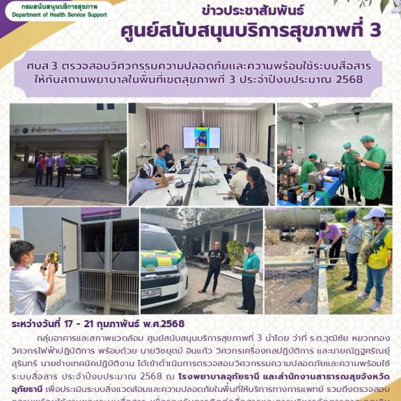 ศบส.3 ตรวจสอบวิศวกรรมความปลอดภัยและความพร้อมใช้ระบบสื่อสาร ให้กับสถานพยาบาลในพื้นที่เขตสุขภาพที่ 3 ประจําปีงบประมาณ 2568