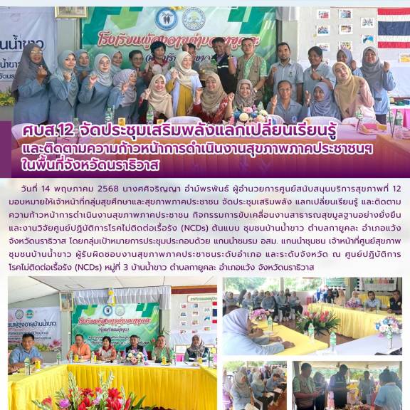 ศบส.12 จัดประชุมเสริมพลังแลกเปลี่ยนเรียนรู้ และติดตามความก้าวหน้าการดำเนินงานสุขภาพภาคประชาชนฯ  ในพื้นที่จังหวัดนราธิวาส