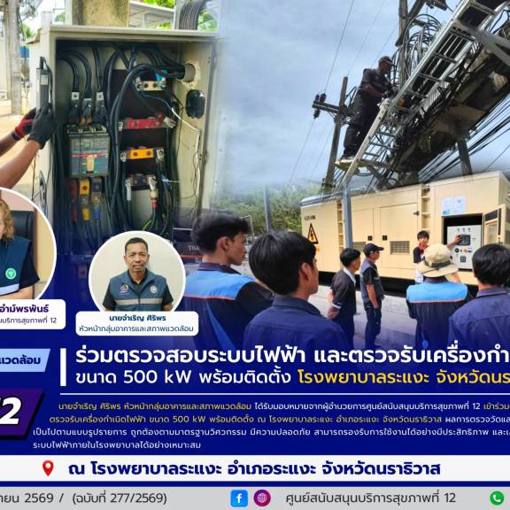 ศบส.12 ร่วมตรวจสอบระบบไฟฟ้า และตรวจรับเครื่องกำเนิดไฟฟ้า ขนาด 500 kW พร้อมติดตั้ง โรงพยาบาลระแงะ จังหวัดนราธิวาส