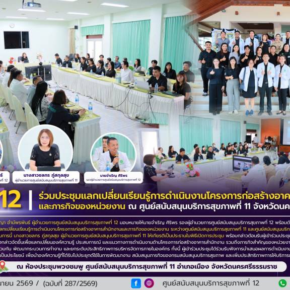 ศบส.12 ร่วมประชุมแลกเปลี่ยนเรียนรู้การดำเนินงานโครงการก่อสร้างอาคารสำนักงาน และภารกิจของหน่วยงาน ณ ศูนย์สนับสนุนบริการสุขภาพที่ 11 จังหวัดนครศรีธรรมราช